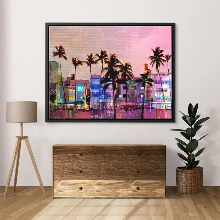 Modernes Wandbild mit Palmen und bunten Häusern vor Sonnenuntergang, Wohnzimmer-Dekoration
