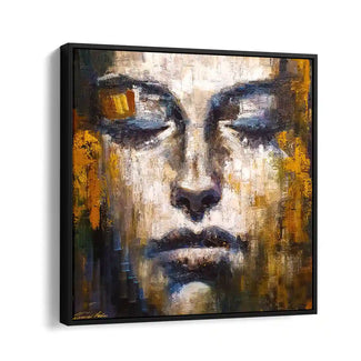 Abstraktes Ölgemälde Portrait Frau, moderne Wandkunst mit intensiven Farben in Gelb und Blau