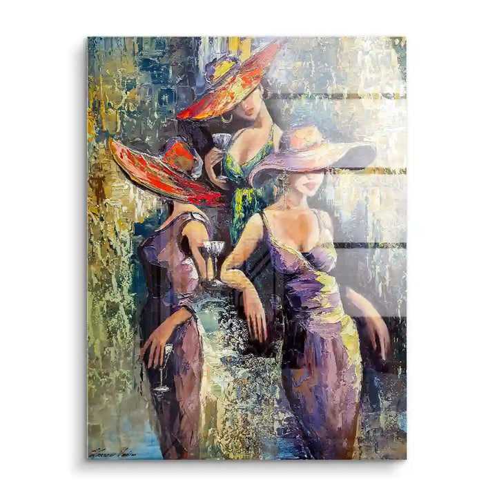 Ölgemälde Wandbild mit drei Frauen in eleganten Kleidern und Hüten, abstrakte Kunst