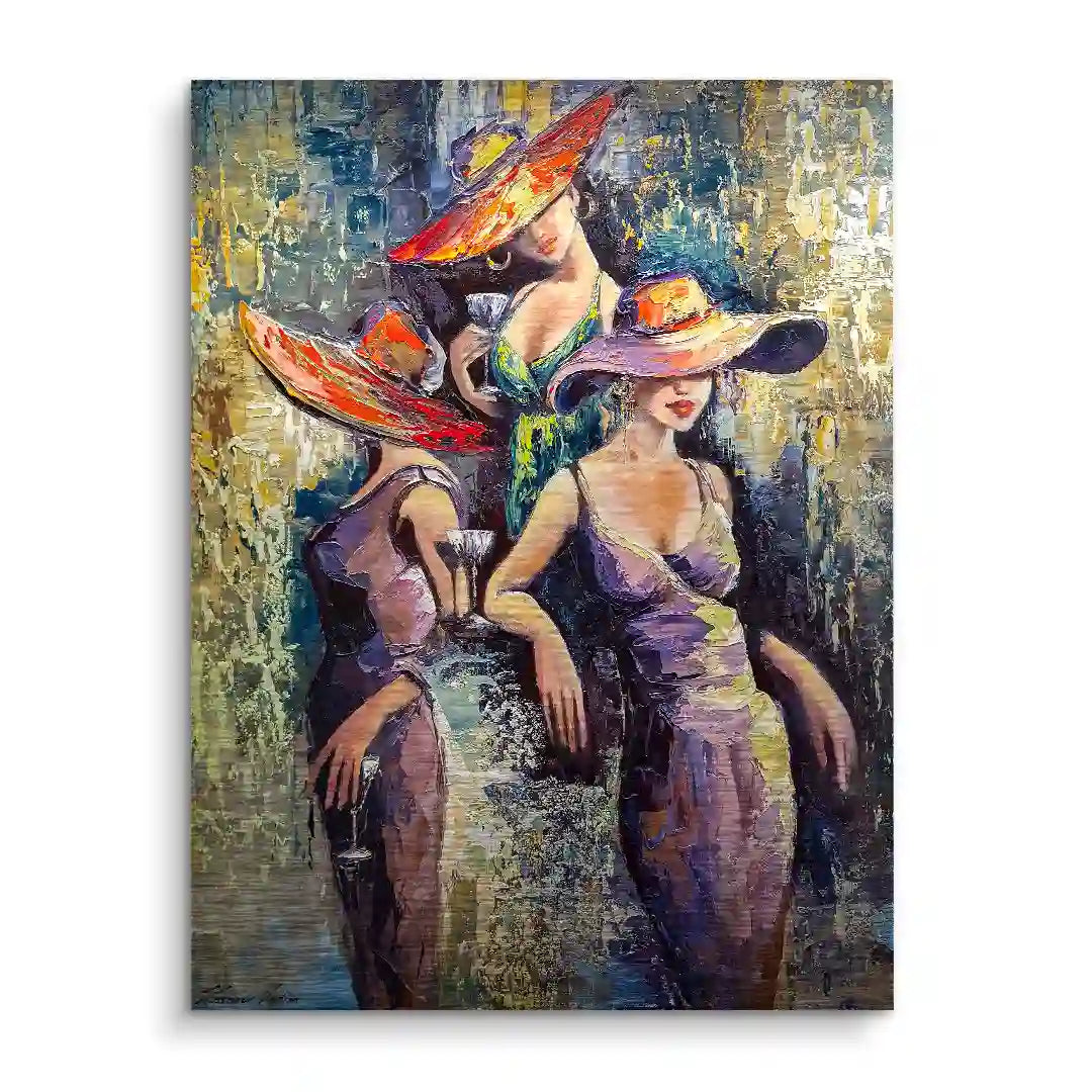 Ölgemälde Wandbild mit drei stilvollen Frauen in lila Kleidern und Hüten, abstrakte Kunst
