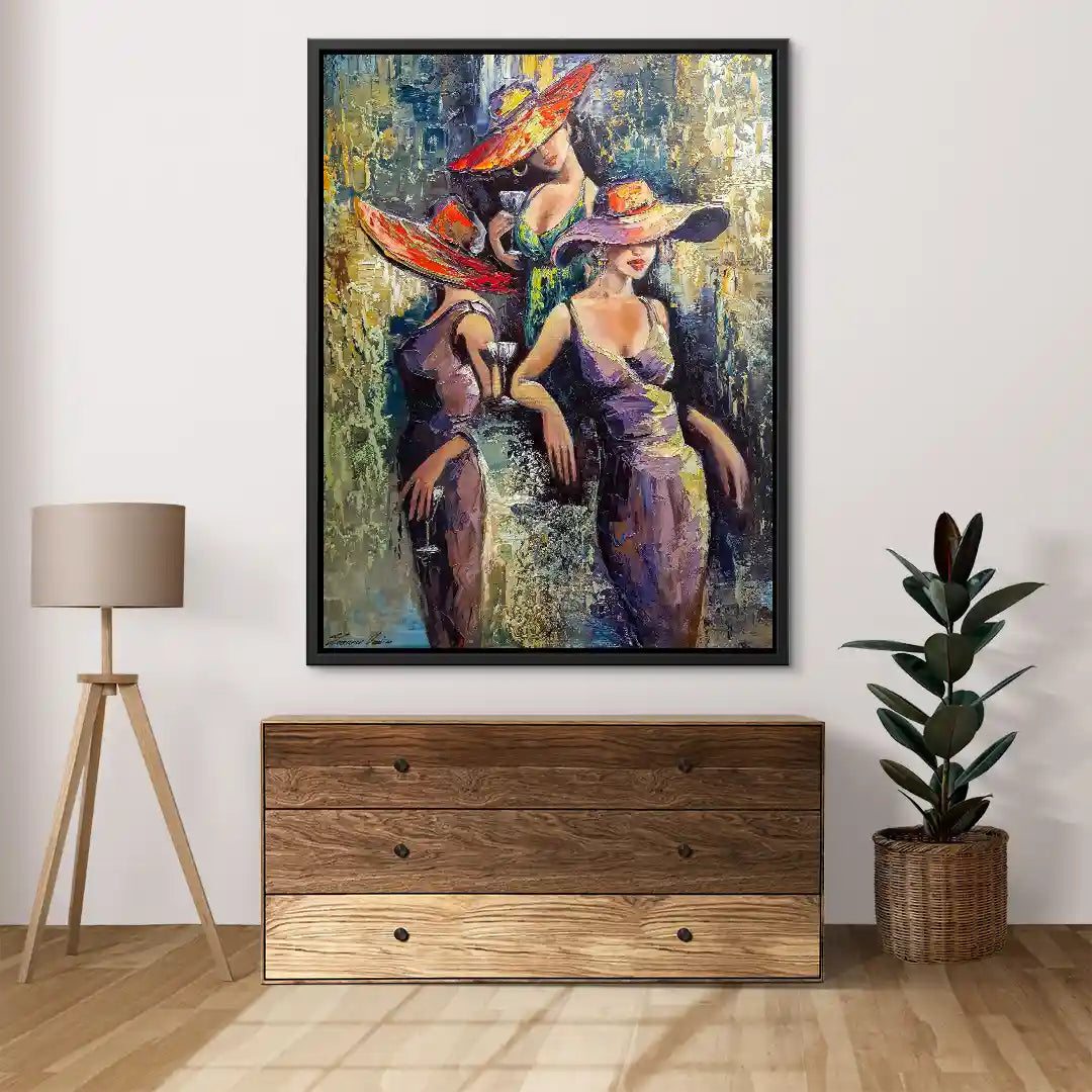 Ölgemälde Wandbild mit drei Frauen in eleganten Kleidern und Hüten als Kunstdruck