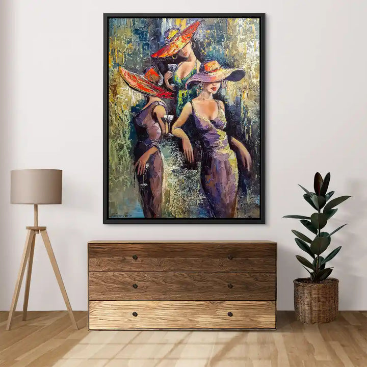 Ölgemälde Wandbild mit drei Frauen in eleganten Kleidern und Hüten als Kunstdruck