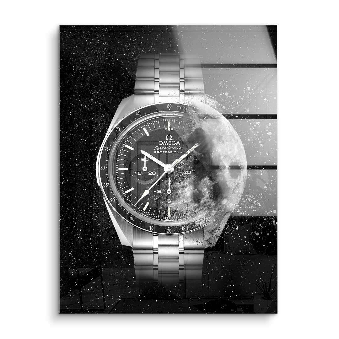 Modernes Wandbild mit silberner Armbanduhr, Mond und Weltraum-Motiv auf Acrylglas