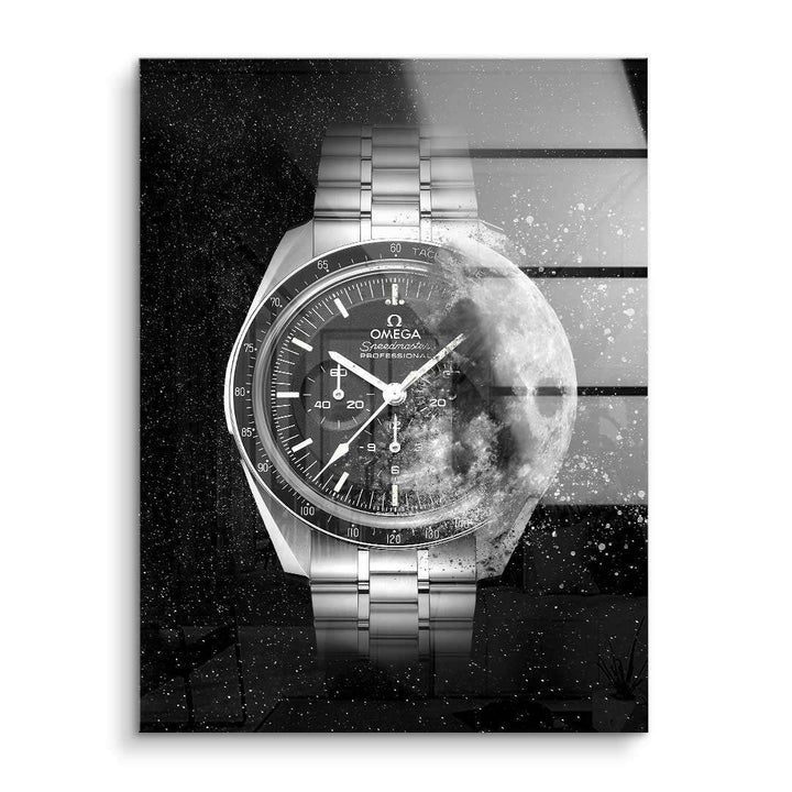 Modernes Wandbild mit silberner Armbanduhr, Mond und Weltraum-Motiv auf Acrylglas