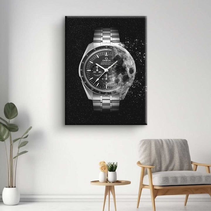 Modernes Wandbild mit silberner Uhr und Mondmotiv im Wohnzimmer, Weltraum-Design, Schwarz-Weiß-Kunst
