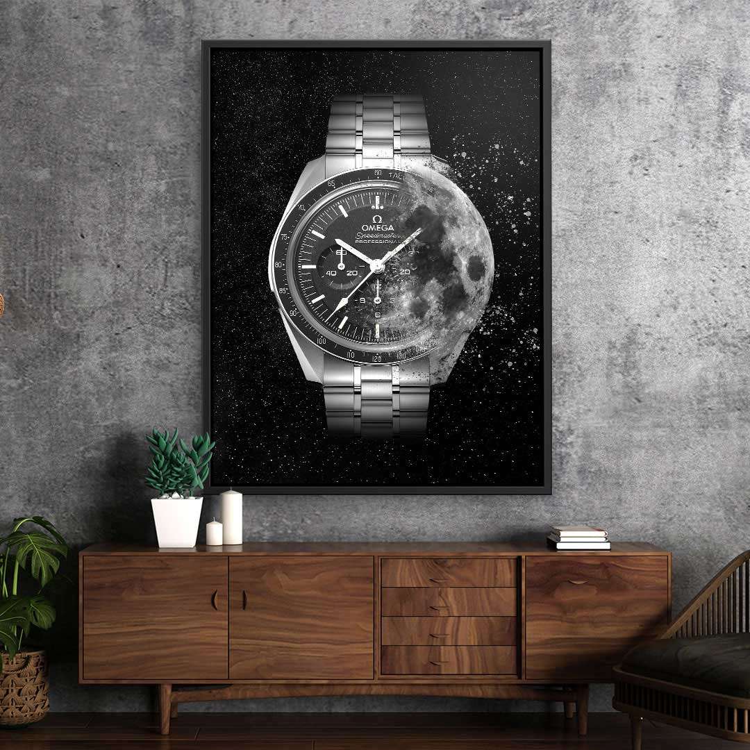 Modernes Wandbild mit silberner Armbanduhr und Mond-Motiv im Wohnzimmer, Kunst auf Leinwand