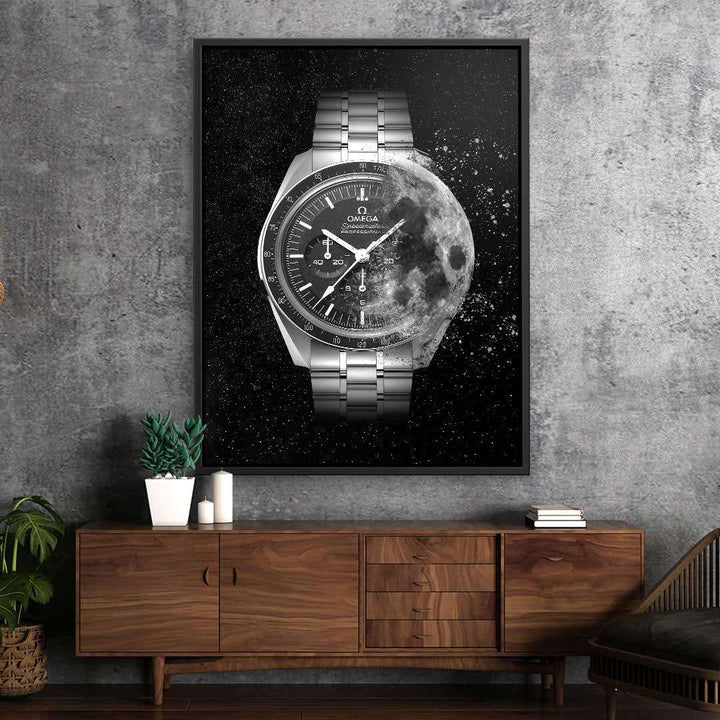 Modernes Wandbild mit silberner Armbanduhr und Mond-Motiv im Wohnzimmer, Kunst auf Leinwand