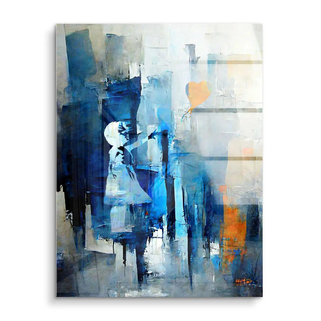 Modernes Wandbild mit abstrakter Mädchenfigur in Blau, hält ein orangefarbenes Herz, Acrylkunst