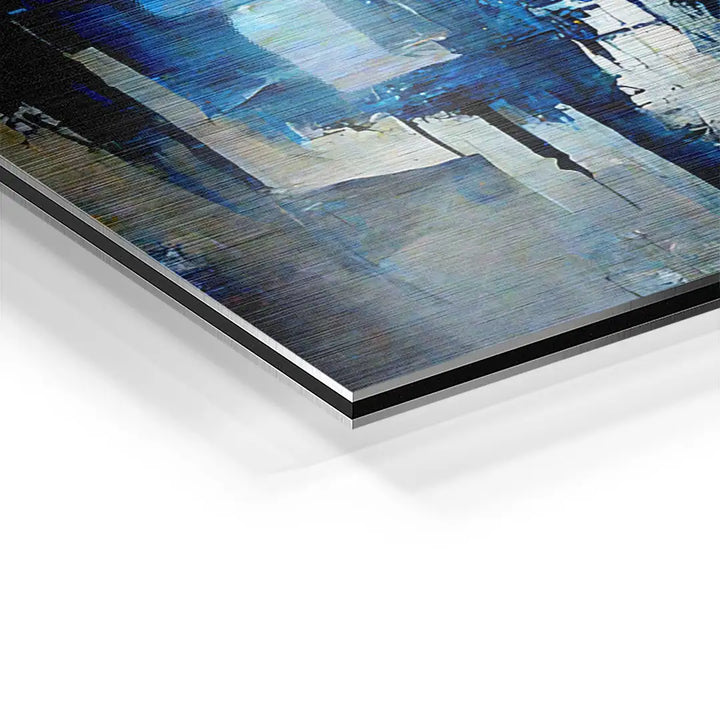 Detailansicht abstraktes Wandbild auf Aluminium mit blauen und grauen Farbtönen