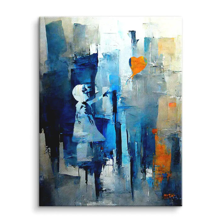 Abstraktes Wandbild mit Mädchen-Silhouette und orangefarbenem Herz-Ballon auf blauem Hintergrund