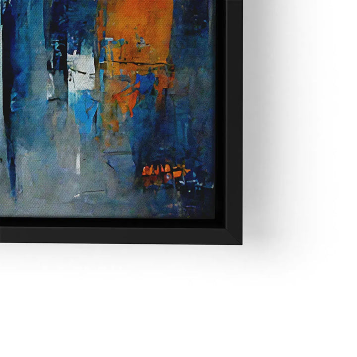 Abstraktes Wandbild mit orangefarbenem Herzmotiv auf blauem Hintergrund, gerahmt