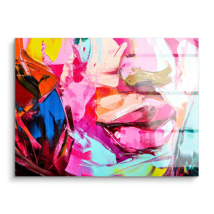 Abstraktes Acryl Wandbild mit buntem Gesicht in Pink, Blau und Orange, modernes Kunstmotiv