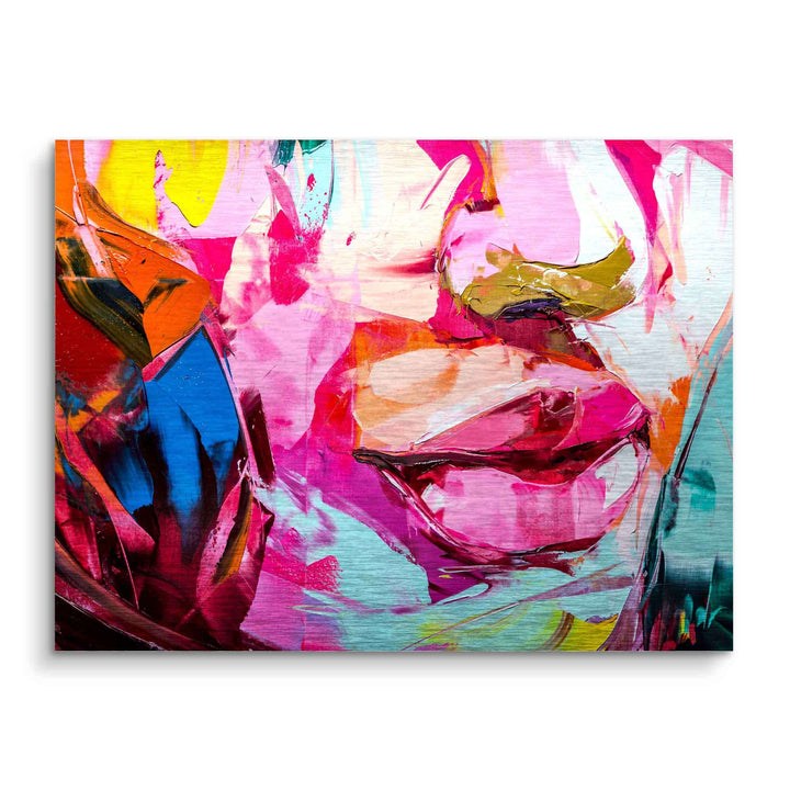 Abstraktes Wandbild, buntes Gesicht mit Pinselstrichen in Pink, Blau und Gelb