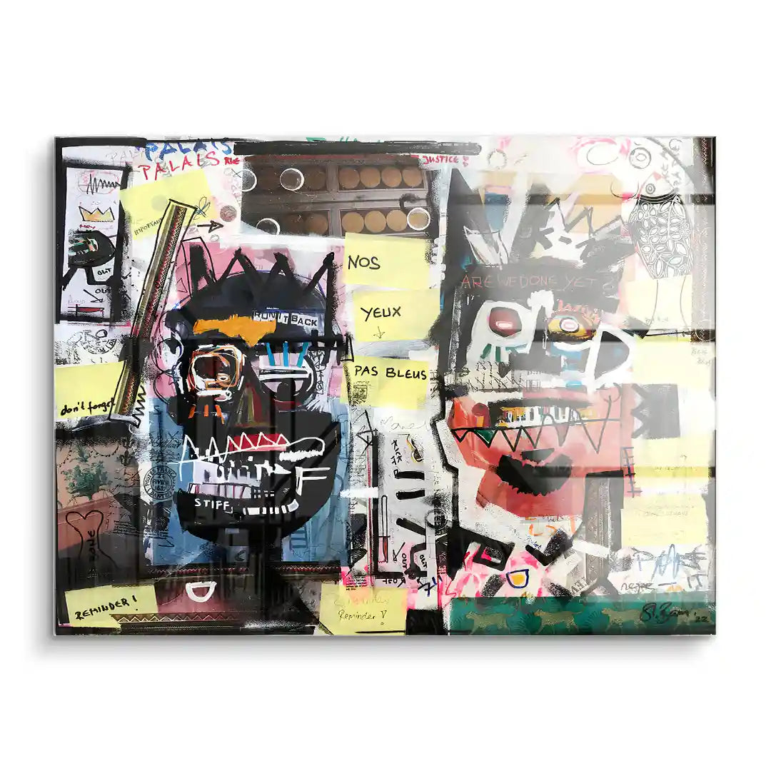 Modernes Acrylbild mit abstrakten Porträts, Graffiti-Elementen und farbigen Textfeldern