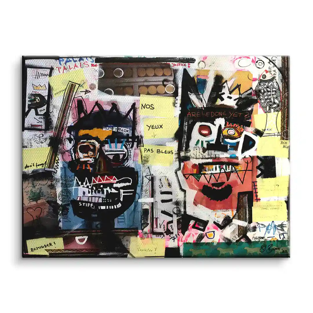 Modernes Wandbild mit abstrakten, gekrönten Porträts und Graffiti-Elementen auf Leinwand