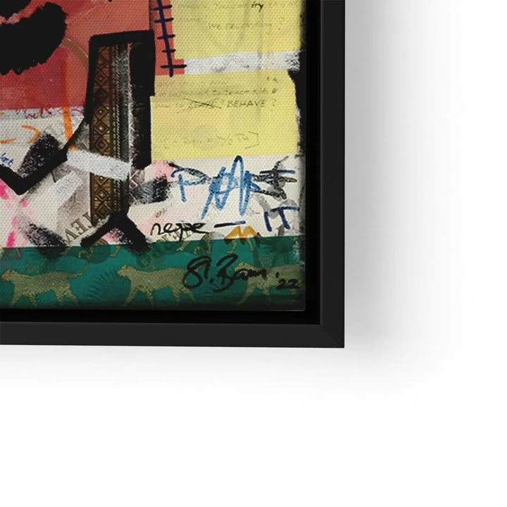 Modernes Wandbild mit abstraktem Muster, Graffiti-Elementen und schwarzem Bilderrahmen