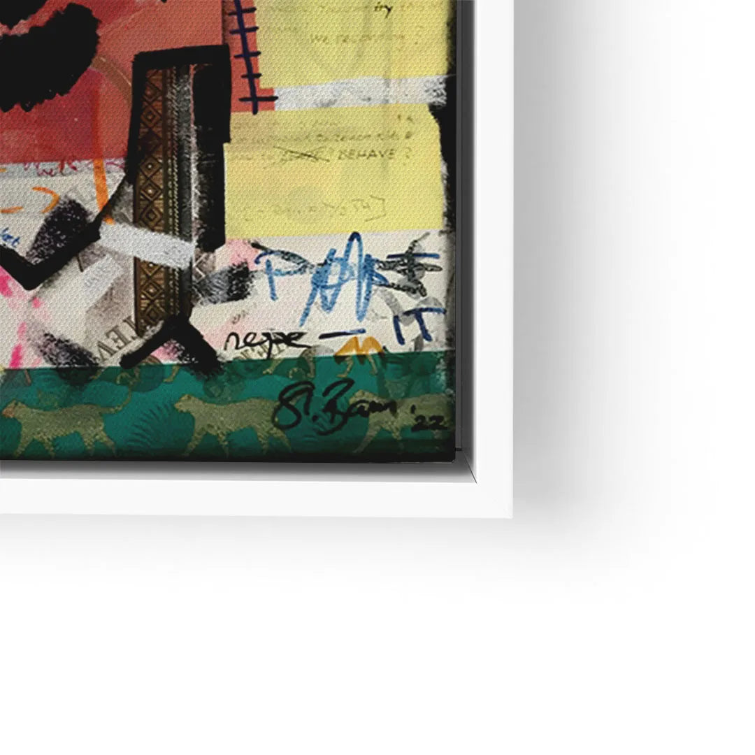 Modernes Wandbild mit abstrakten Formen, bunten Farben und Graffiti-Elementen im weißen Rahmen
