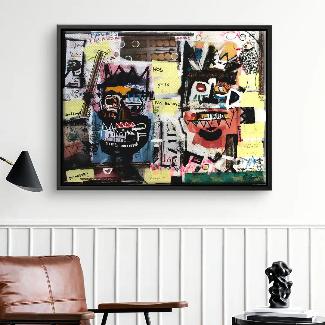 Modernes Wandbild mit abstrakten, bunten Graffiti-Gesichtern im Wohnzimmer, Kunstdruck urban