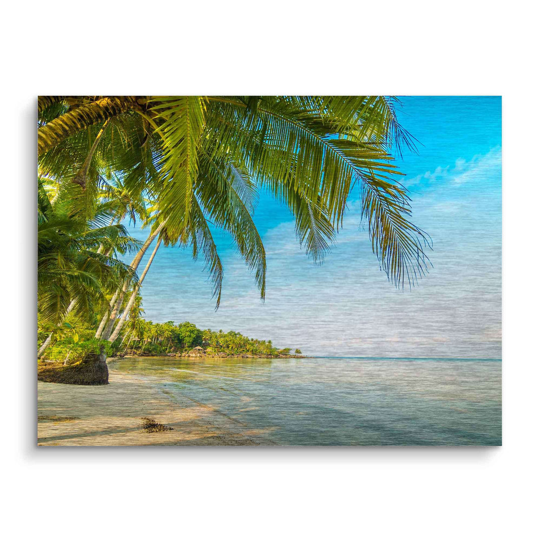 Wandbild mit Palmen am tropischen Strand und klarem Meer unter blauem Himmel
