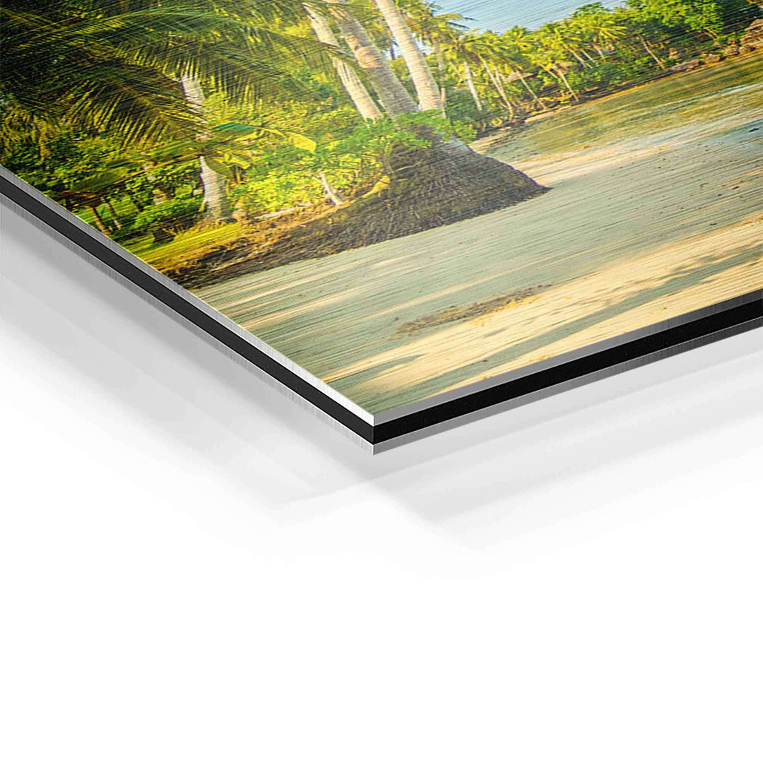 Detailansicht Wandbild mit Palmen, Strand und Meer auf Aluminium, tropisches Motiv
