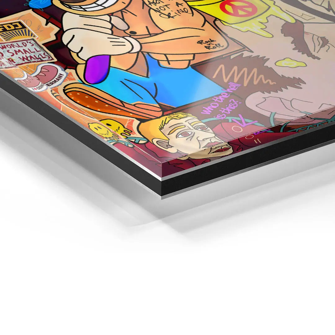 Detailansicht Acrylglas Wandbild mit buntem Panzerknacker Comic und Graffiti-Elementen