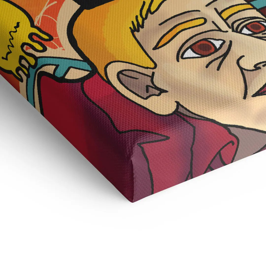 Detail eines bunten Comic-Wandbilds auf Leinwand mit gezeichnetem Gesicht und kräftigen Farben