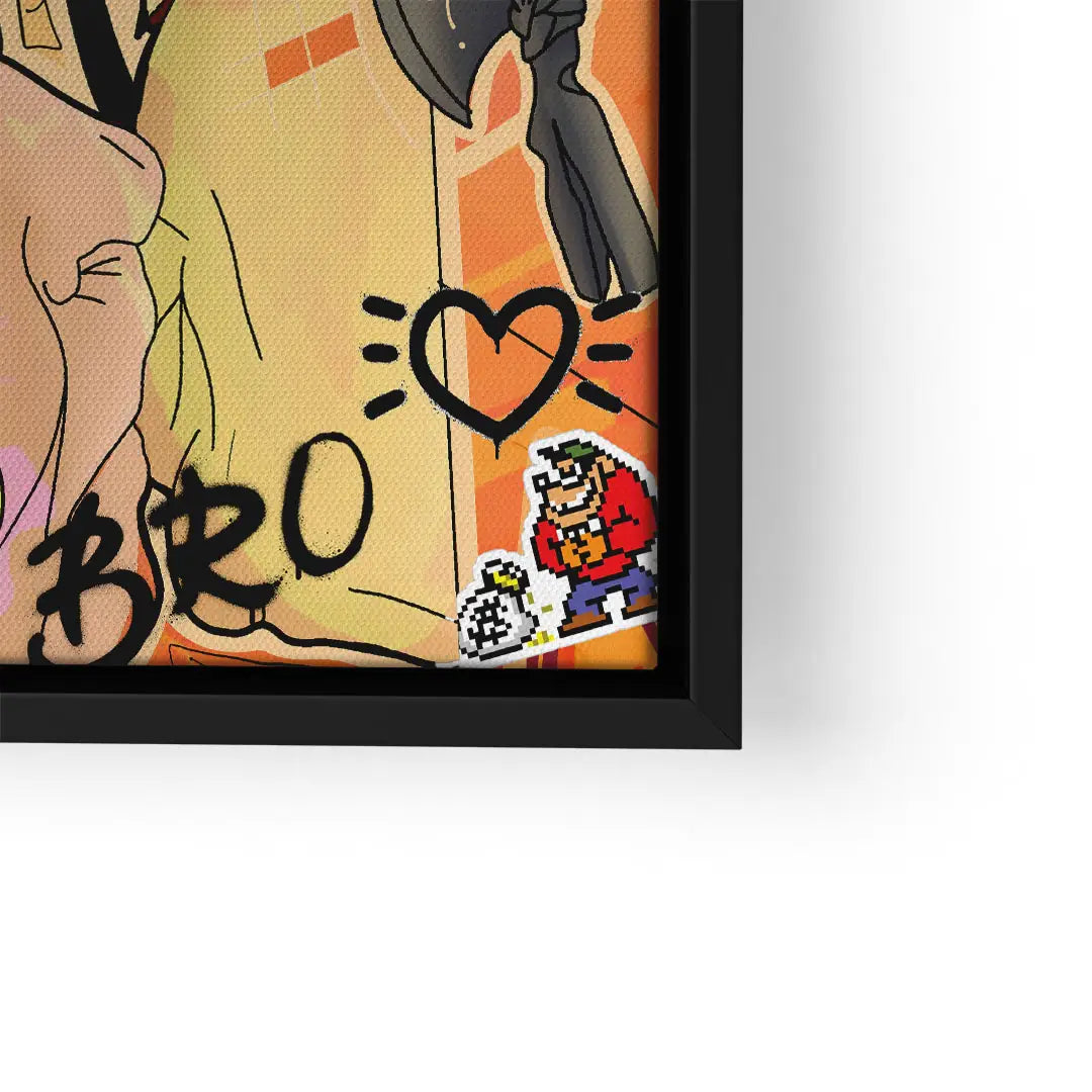 Comic Wandbild mit Graffiti-Stil, Herzsymbol und Panzerknacker-Figur auf Leinwand