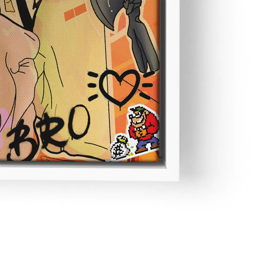 Comic Pop Art Wandbild mit Cartoon-Figur, Herzsymbol und Graffiti-Elementen, moderne Kunst