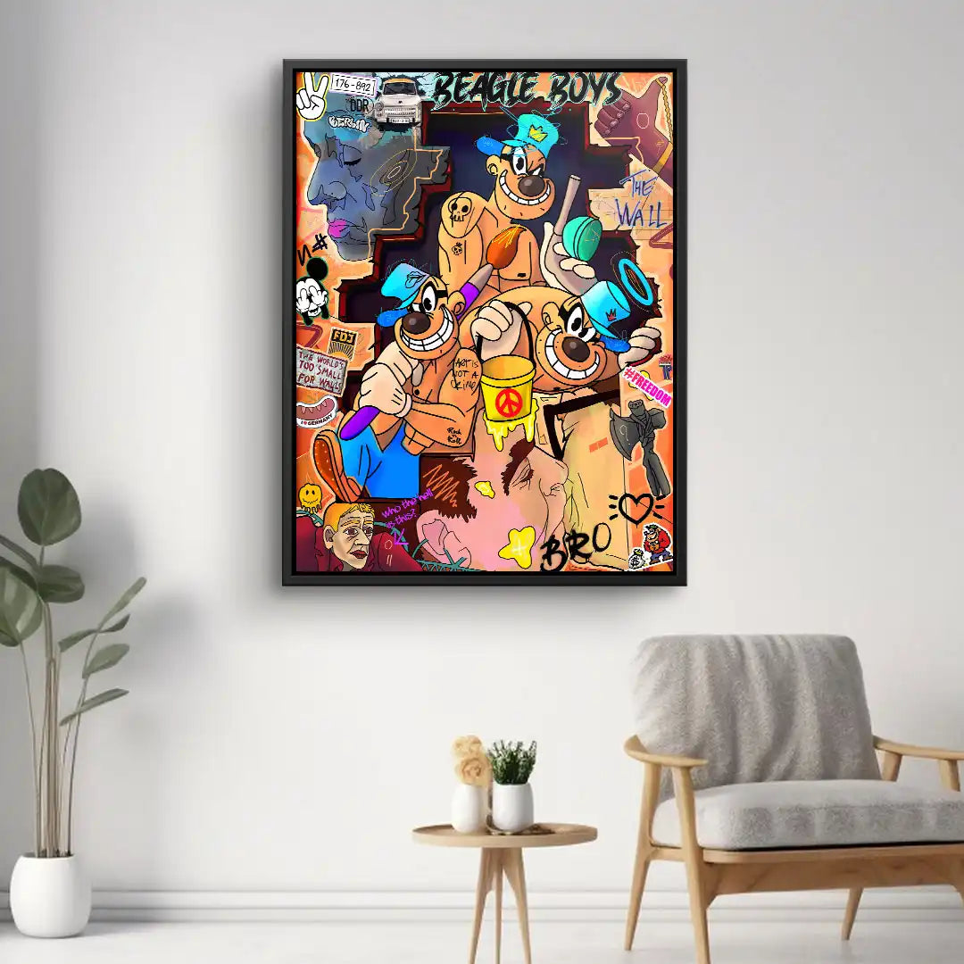 Modernes Wandbild mit Panzerknacker Comic-Motiv und buntem Streetart-Graffiti im Wohnzimmer