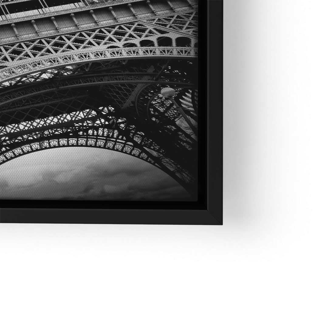 Schwarz-weiß Wandbild Eiffelturm Paris, Nahaufnahme, Metallstruktur, moderner Rahmen