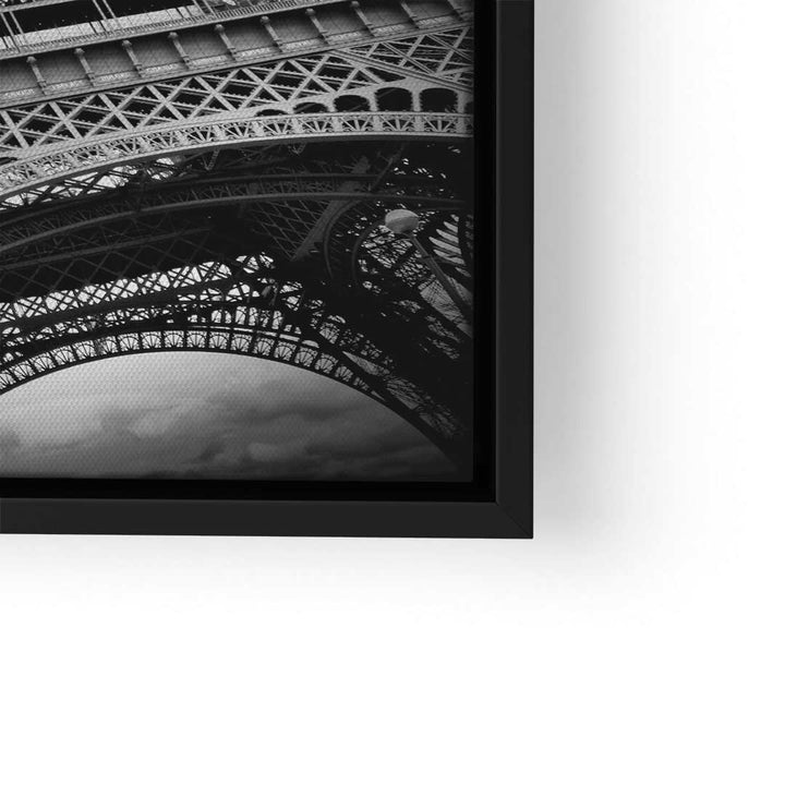 Schwarz-weiß Wandbild Eiffelturm Paris, Nahaufnahme, Metallstruktur, moderner Rahmen
