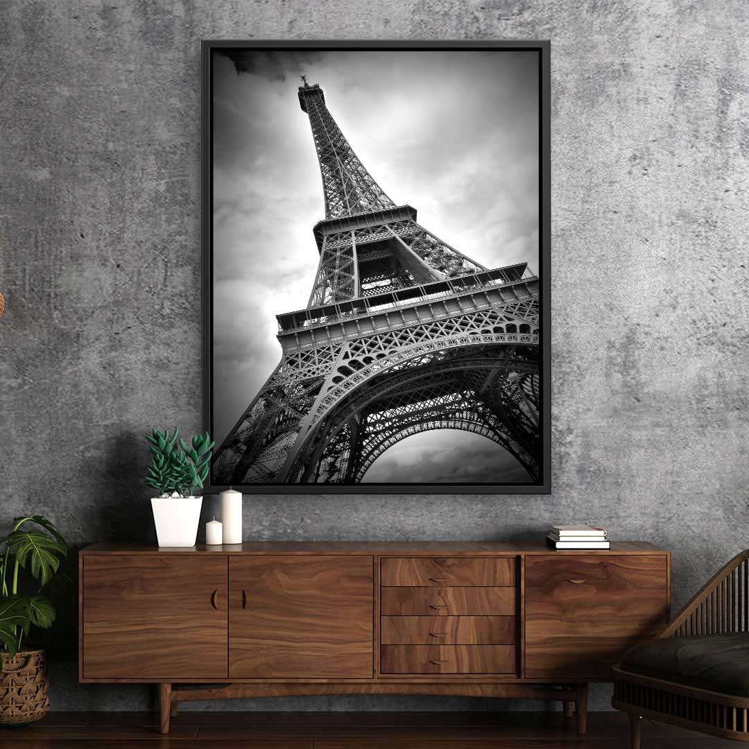 Schwarzweiß Wandbild Eiffelturm Paris, modernes Wohnzimmer, Kunstdruck auf Leinwand