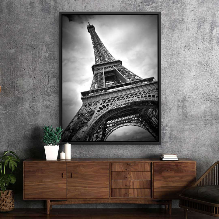 Schwarzweiß Wandbild Eiffelturm Paris, modernes Wohnzimmer, Kunstdruck auf Leinwand