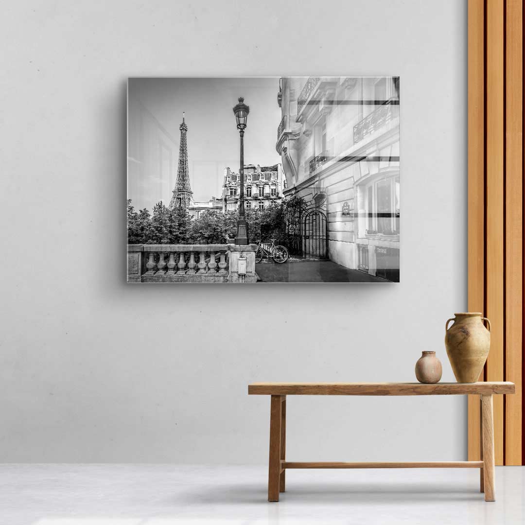 Schwarzweiß Wandbild mit Eiffelturm, Pariser Straße und Fahrrad, modernes Wohnzimmer-Dekor