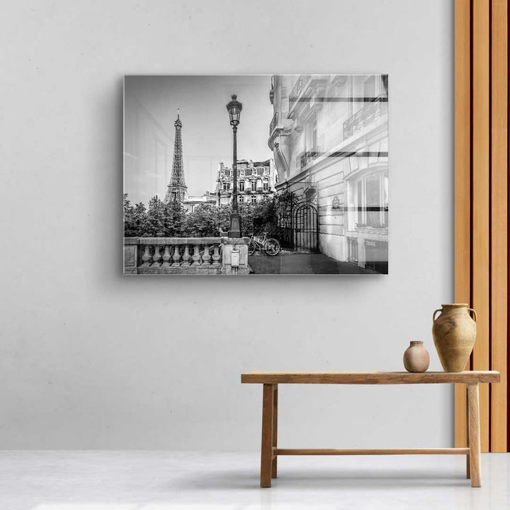 Schwarzweiß Wandbild mit Eiffelturm, Pariser Straße und Fahrrad, modernes Wohnzimmer-Dekor