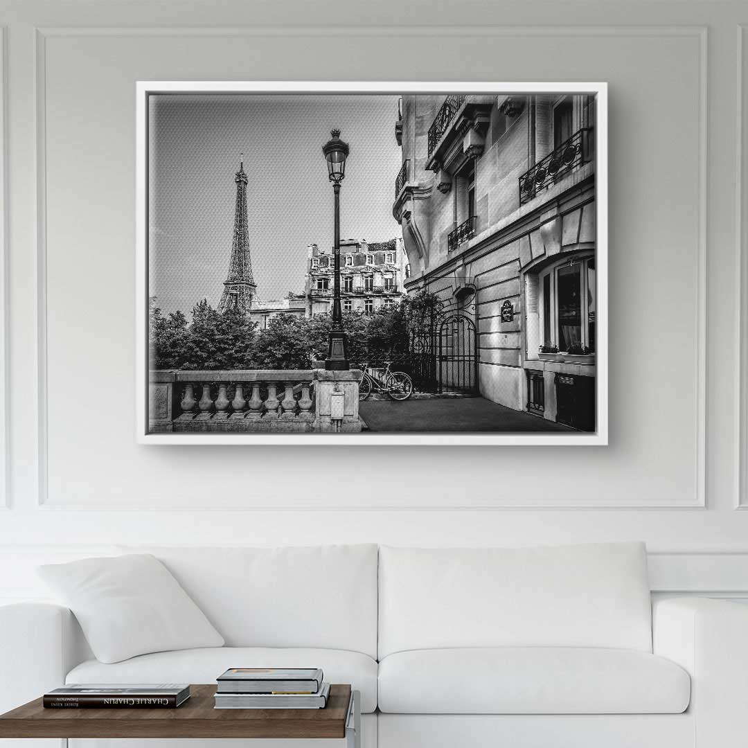 Schwarzweiß Wandbild mit Eiffelturm, Pariser Gebäude und Laterne, stilvolle Stadtansicht