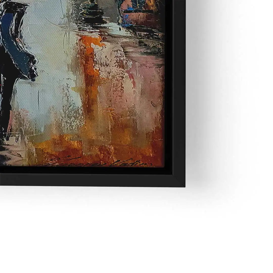 Modernes Wandbild mit abstrakter Paris-Straßenszene und kräftigen Farbstrukturen im schwarzen Rahmen