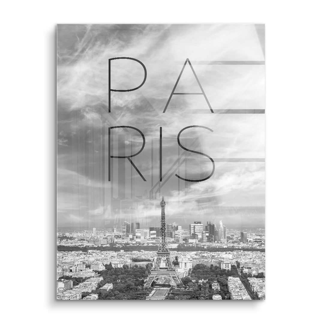 Schwarz-weiß Paris Wandbild mit Eiffelturm und Schriftzug, modernes Kunstbild