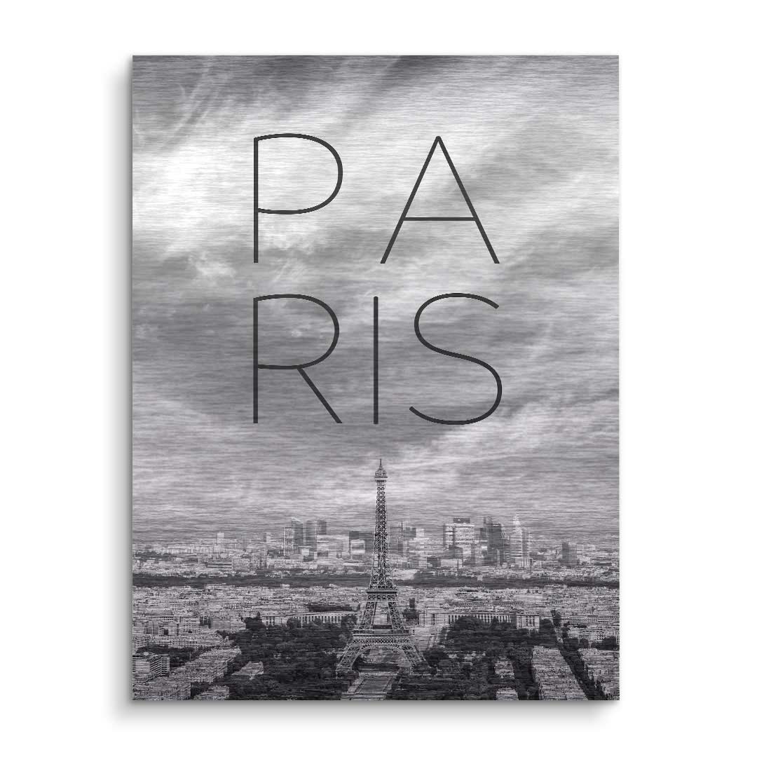 Schwarz-weiß Wandbild Paris mit Eiffelturm und Schriftzug, modernes Stadtbild