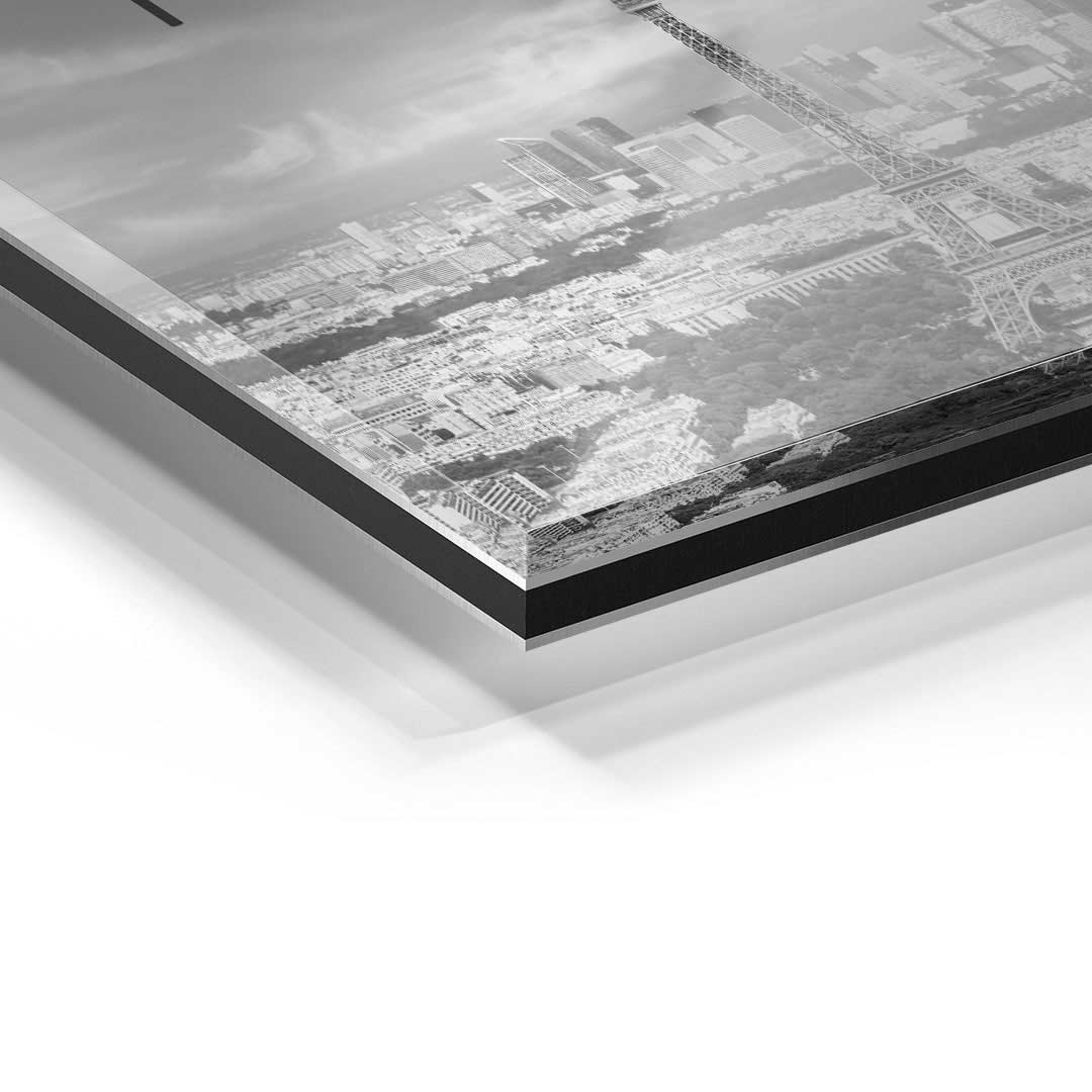 Detailansicht Acrylglas Wandbild Paris Skyline mit Eiffelturm in Schwarz-Weiß