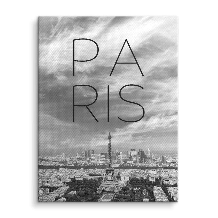 Schwarz-weißes Paris Wandbild mit Eiffelturm und großem Schriftzug, moderne Städtekunst