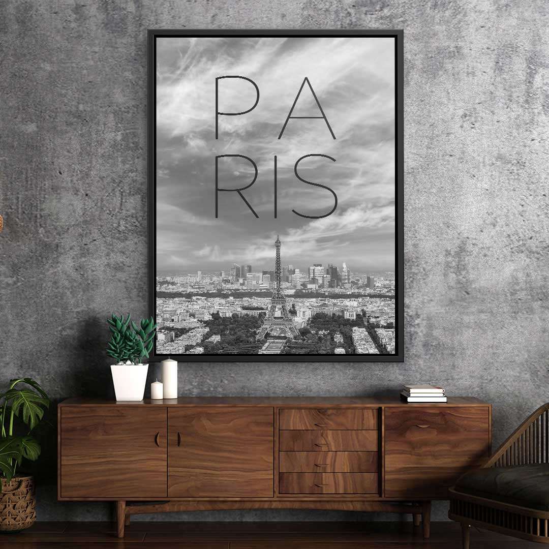 Schwarzes Weiß Wandbild mit Paris Skyline und Eiffelturm, modernes Wohnzimmer Dekor