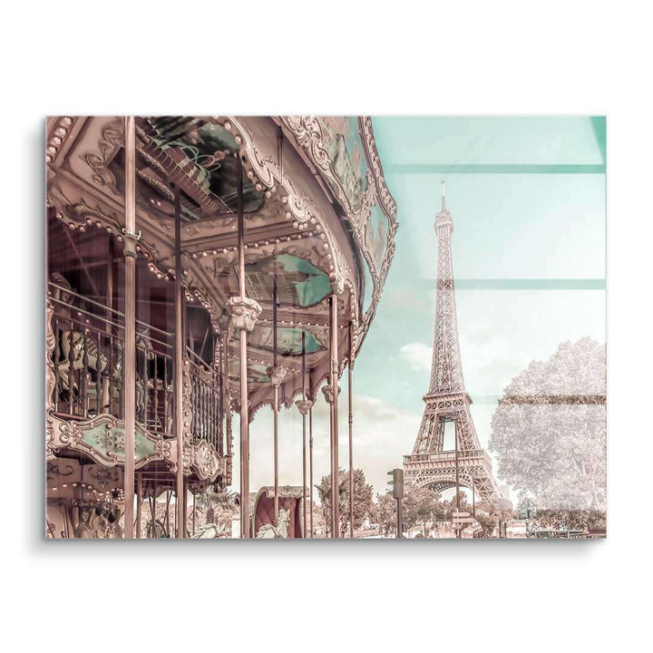 Wandbild Paris mit Karussell und Eiffelturm, moderne Kunst in Pastellfarben