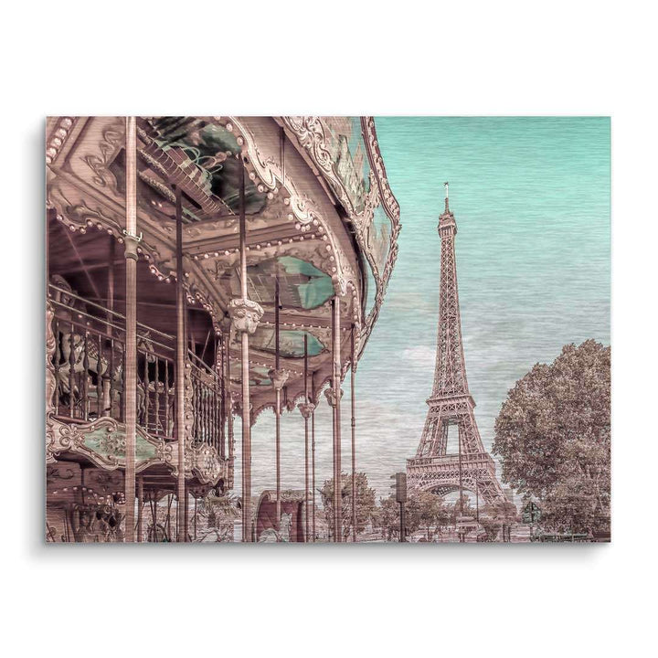Wandbild mit Eiffelturm und nostalgischem Karussell in Paris, Vintage Kunstmotiv