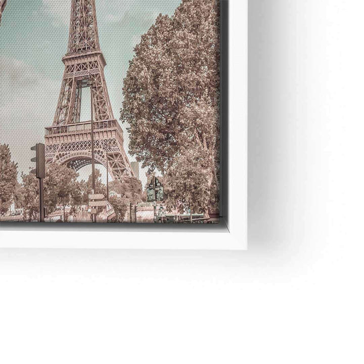 Wandbild mit Eiffelturm in Paris, Bäume und Straßenschilder, stilvolle Kunst auf Leinwand