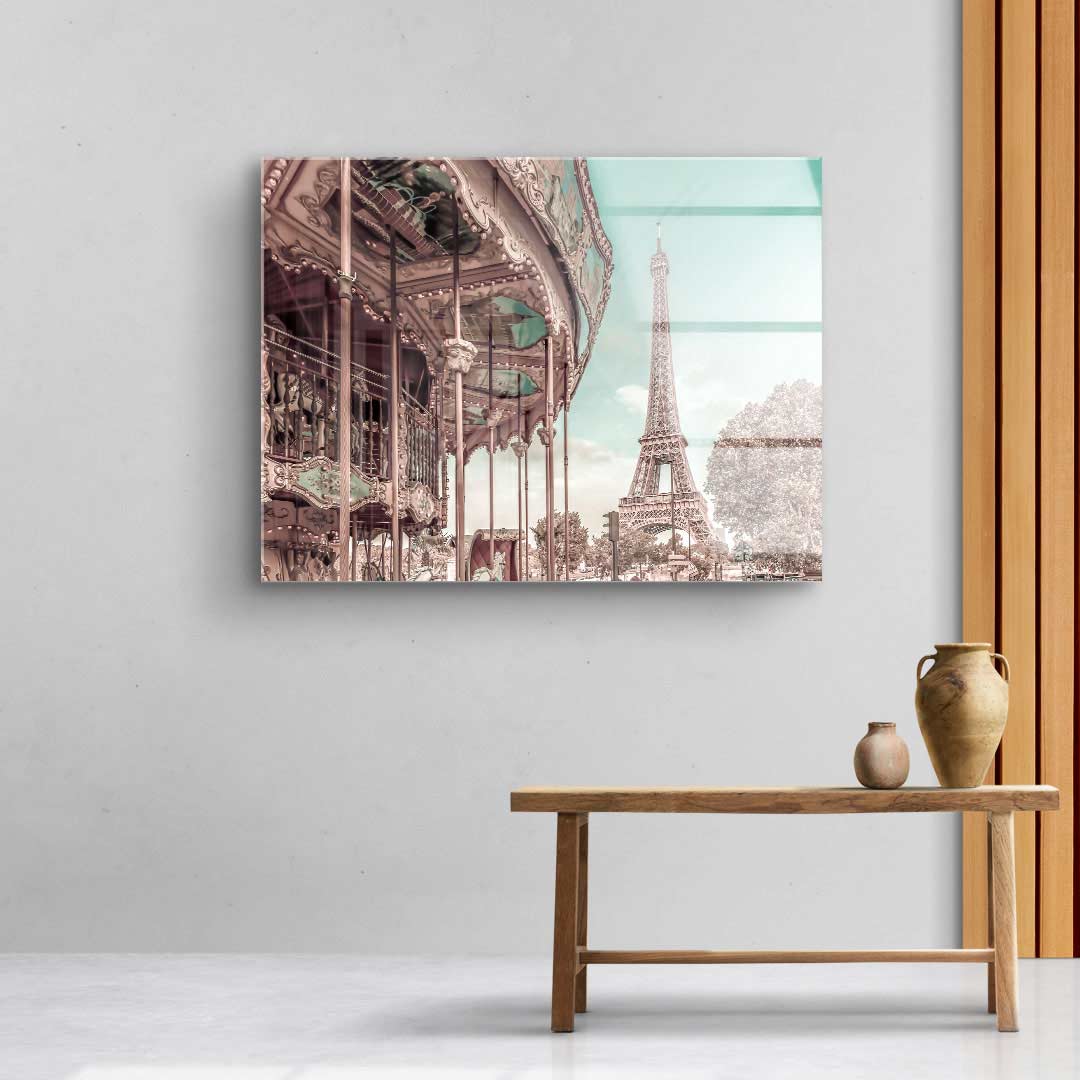 Wandbild mit Eiffelturm und nostalgischem Karussell, Paris Kunst für Wohnzimmerwand