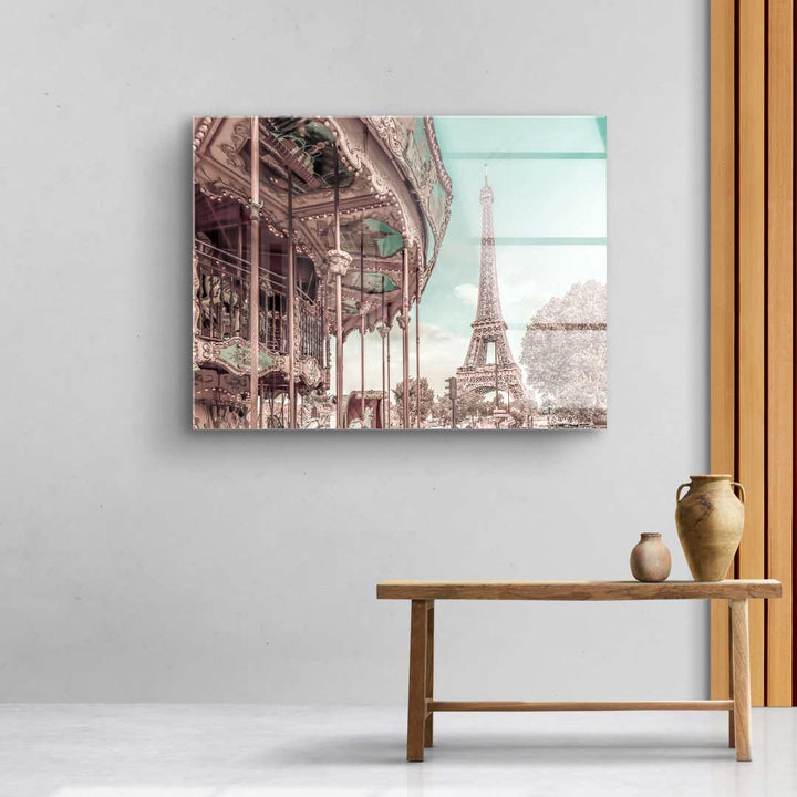 Wandbild mit Eiffelturm und nostalgischem Karussell, Paris Kunst für Wohnzimmerwand