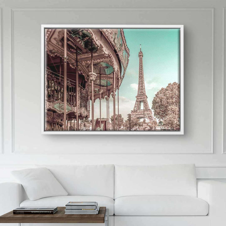 Wandbild mit Eiffelturm und Karussell in Paris, stilisierte Kunst für modernes Wohnzimmer