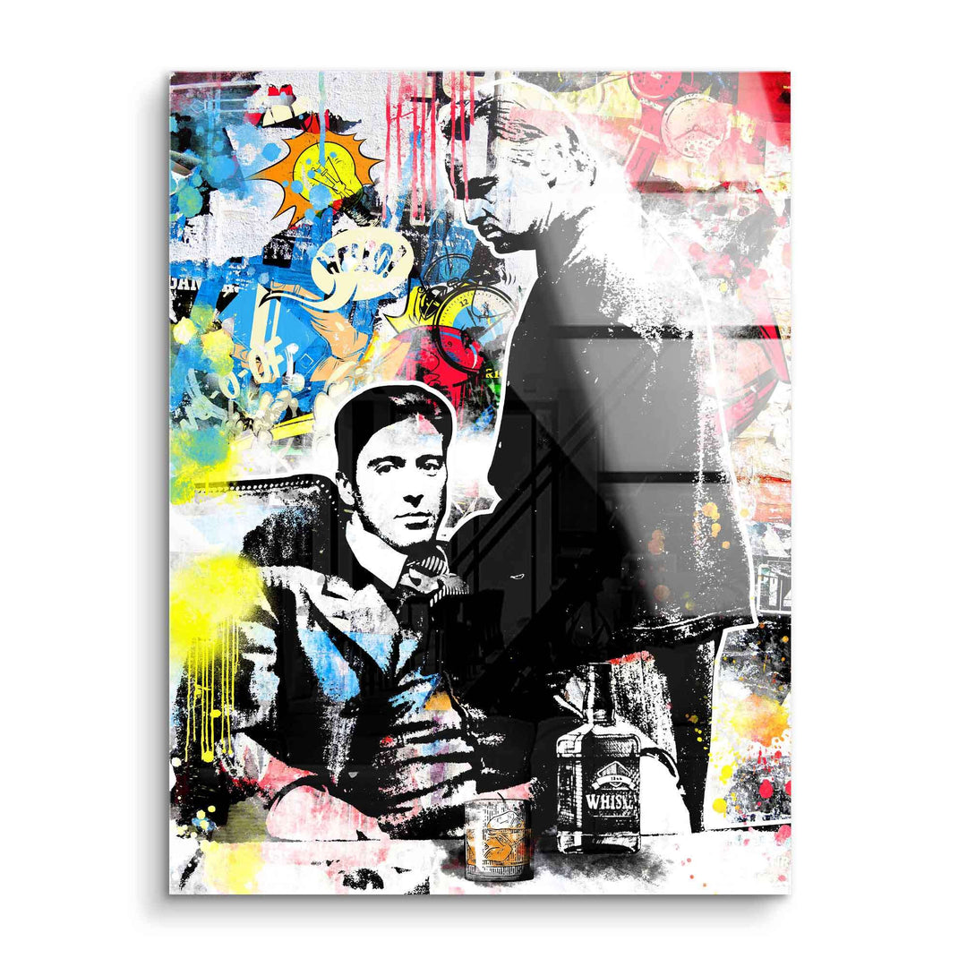 Pop Art Wandbild mit zwei Männern, Whiskeyflasche, bunte Comic-Graffiti-Akzente, Acrylglas