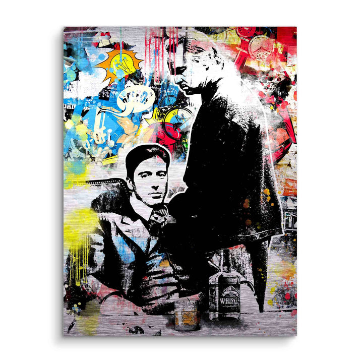Pop Art Wandbild mit Mafia-Figuren im Comicstil, bunte Graffiti-Hintergrund, Whiskyglas